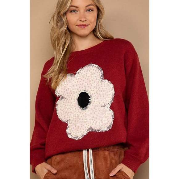 POL Maroon sweater with beautiful pearl trim flower in size medium NEW - Picture 5 of 10